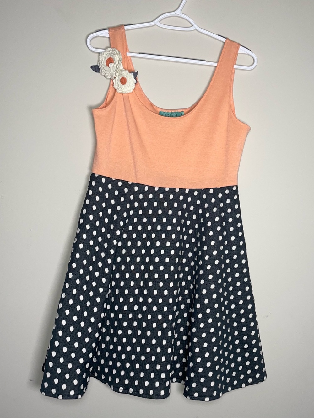 Judith March L Coral Top Black White Polka Dot Bottom A Line Dress Floral Pin
